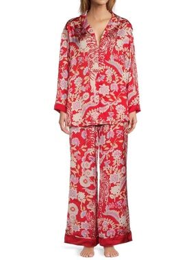 Free People Dreamy Days Red Floral Satin Pajama Set
